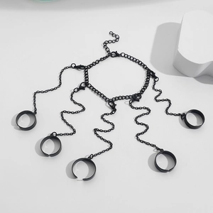 Punk style black metal multi-finger ring chain bracelet with adjustable open rings