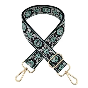 Detail of floral jacquard bag strap with cyan embroidery and gold metal hardware hooks