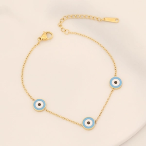 Gold stainless steel chain bracelet with light blue enamel evil eye charms and lobster clasp