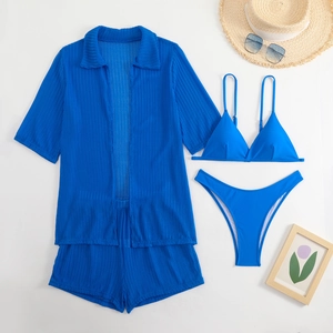 Blue 4-piece beach set with textured mesh shirt, shorts, and bikini for summer vacation