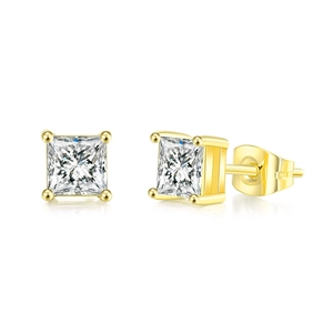Princess cut square zircon stud earrings with classic 18k gold plated four-prong setting