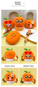Detail of four orange silicone bags with different emoji expressions and patterned straps