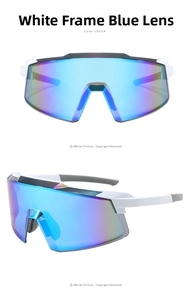Vertical view of white frame cycling glasses with blue mirrored lens and non-slip pads