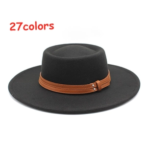 Vintage Boater Hat Flat Top Wool Felt Wide Brim British Style Women Elegant Belt Buckle Fedora Autumn Winter