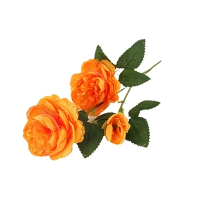Realistic orange artificial ranunculus flower spray with blooming buds and green leaves