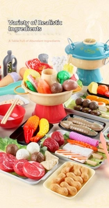 Macro shot of colorful plastic pretend play hot pot food toys including meat and vegetables