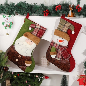 Christmas Stockings 3D Santa Snowman Felt Plaid Fabric Hanging Gift Candy Bags Fireplace Home Holiday Party Decor