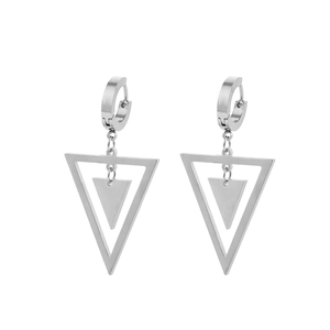 Close-up of silver stainless steel geometric earrings with hollow triangle pendant