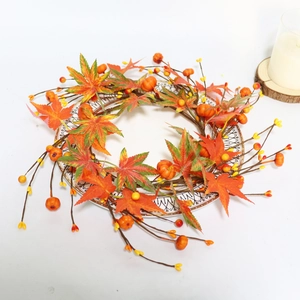 Detail of 35cm autumn wreath with maple leaves, mini pumpkins, and colorful berries
