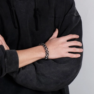 Bold vintage silver stainless steel thick curb chain bracelet for men with industrial style