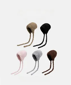 Multi-color plush winter knit beanies with ear flaps and straps in 5 various colors