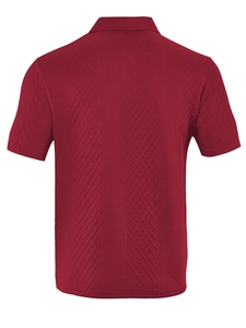 Macro shot of wine red polo shirt featuring textured knit diamond jacquard fabric pattern