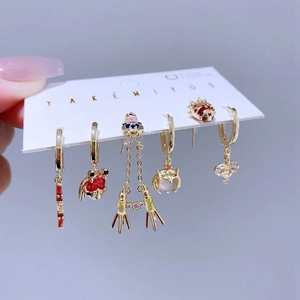 Six-piece colorful zircon earring set with gold charms and enamel character designs