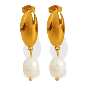 Elegant 18K gold plated titanium steel oval earrings featuring white freshwater pearl drops
