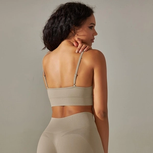 Close-up of seamless knitted back design and scrunch butt detail on yoga sports bra set