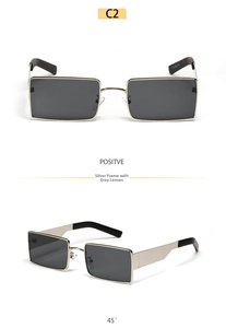 Silver metal rectangular sunglasses with grey lenses and black earpieces in a dual view