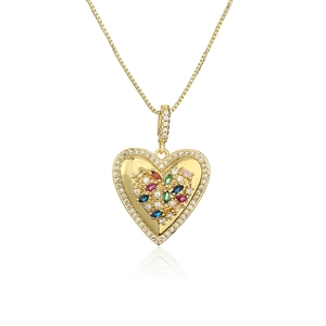 Elegant gold heart pendant necklace with colorful gemstones and white zircon stones