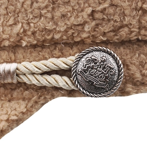 Women's winter sherpa navy hat with camel fleece fabric, braided rope and crest button