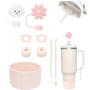 Pink flower straw cover set with cloud cap and pearl chain for water bottle accessory