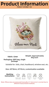 Detail of Easter pillow cover with bird nest design and Bless our Nest text on linen