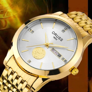 Macro detail of gold business watch with white sunray dial and calendar display