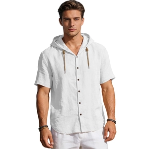 Camicia da uomo in lino bianco traspirante con cappuccio, coulisse e maniche corte