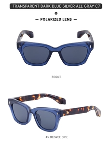 Detailed view of polarized sports sunglasses with transparent blue frame and tortoiseshell arms