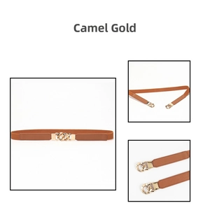 Detail of camel gold elastic belt featuring a modern interlocking metal chain buckle