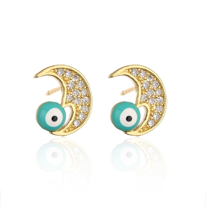 Close-up of 18K gold plated crescent moon earrings with blue evil eye and zircons