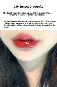 Macro shot of mirror-like water gloss lip glaze shade 05 Sunset Dragonfly on lips