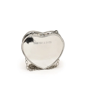 Silver metallic heart shaped handbag with metal chain and fashion lettering