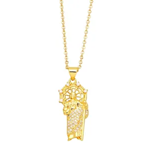 Virgin Mary religious pendant necklace with 18K gold plating and white cubic zirconia