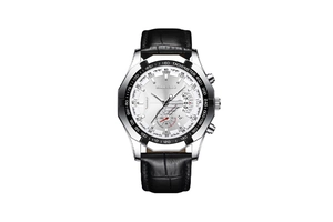 Detail view of MREURIO chronograph watch dial with silver bezel and calendar window