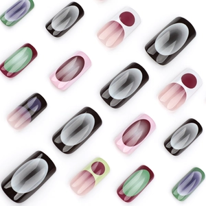 Medium square press-on nails with cat-eye effect and colorful gradient patterns