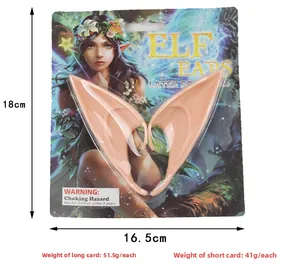 Detailed view of latex elf ears with dimensions in original retail card packaging