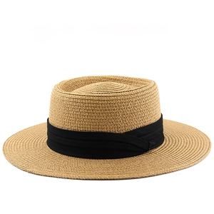 Classic straw boater hat for women with black ribbon bow for summer beach sun protection