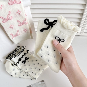Women's mid-calf cotton socks with pink bow prints and elegant ruffled edges