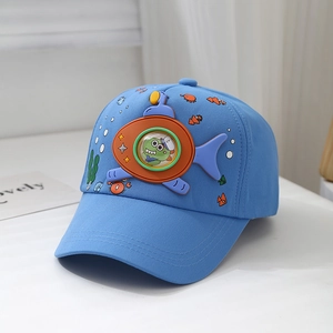 Detail of light blue toddler baseball cap featuring a 3D submarine and ocean embroidery