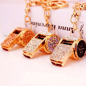Sparkling rhinestone metal whistle keychain set in champagne, AB color and black