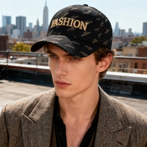 Classic black baseball cap with golden FASHION embroidery and jacquard pattern for men