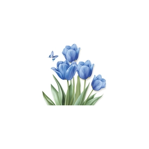 Close-up of elegant blue tulips and butterfly wall sticker for bedroom decoration