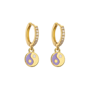 Gold earrings with micro-set zircons and purple Yin Yang charms on a white backdrop