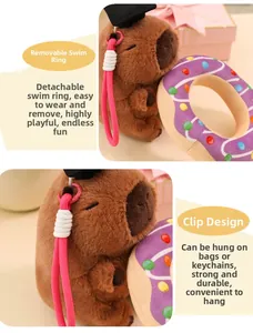 Detail showing capybara plush toy with removable purple donut ring and lobster clasp