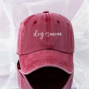 Close-up of vintage burgundy cotton baseball cap with white dog mom embroidery