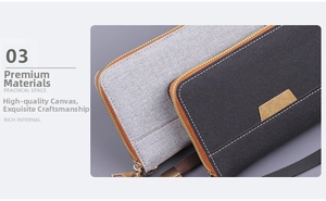 Détail de la pochette en toile pour homme avec texture fine et 12 fentes pour cartes