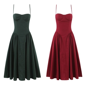 Robe Midi À Bretelles Spaghetti Polyester Col Coeur Taille Corset Jupe Évasée Fermeture Éclair Élégante Couleur Unie Femmes