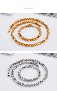 Thick wheat chain necklace and bracelet set in polished gold and silver finishes