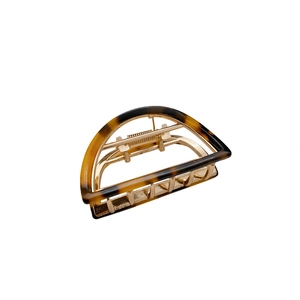 Hollow tortoiseshell medium hair claw clip with golden metal inner spring and semi-circle design
