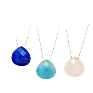 Water drop natural stone pendant necklaces in blue and pink with gold chain