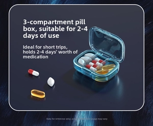 Detail of 3-compartment portable blue pill box showing storage capacity for capsules